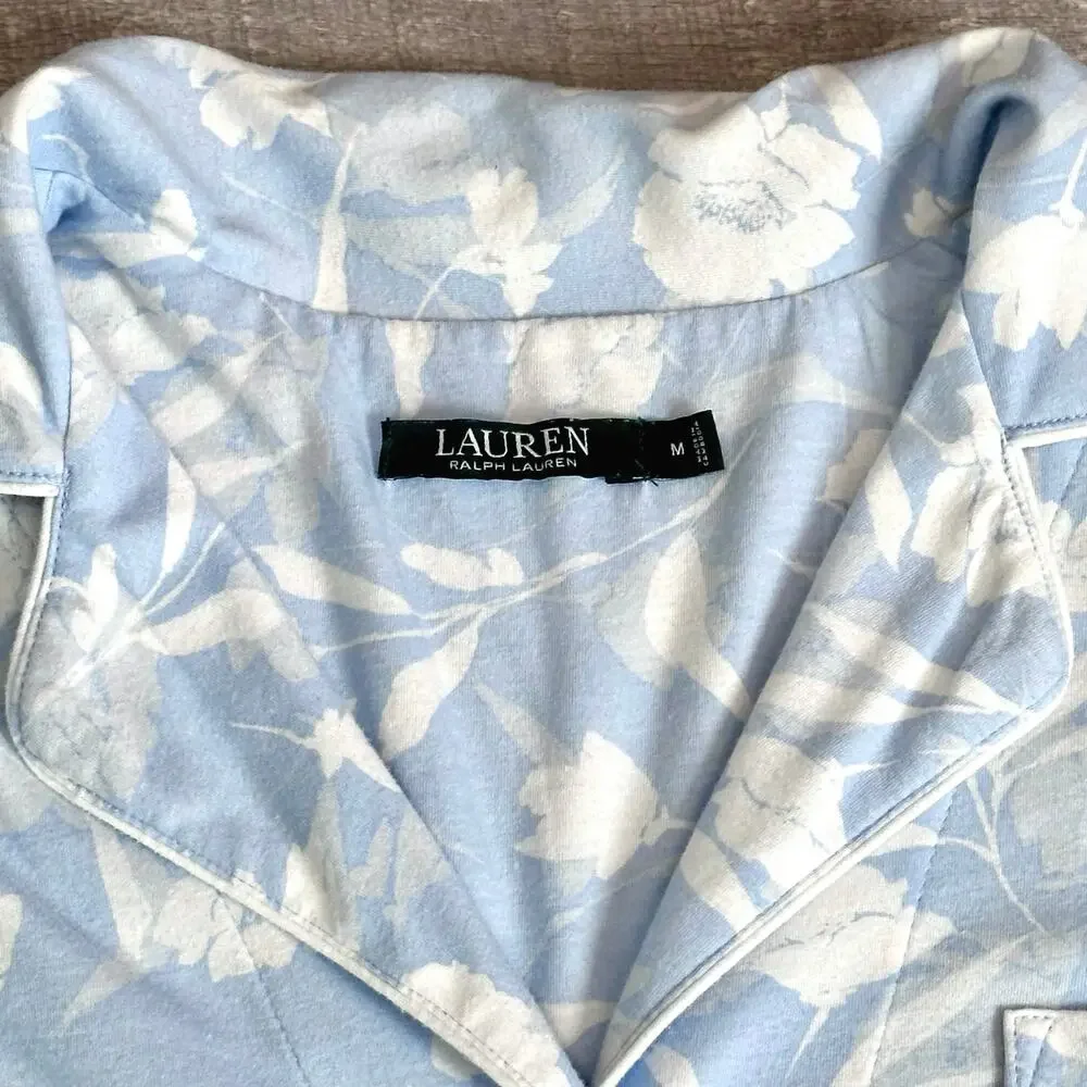 Lauren Ralph Lauren Floral Long Sleeve Sleep Shirt M Blue White Monogram Pocket - Picture 4 of 8